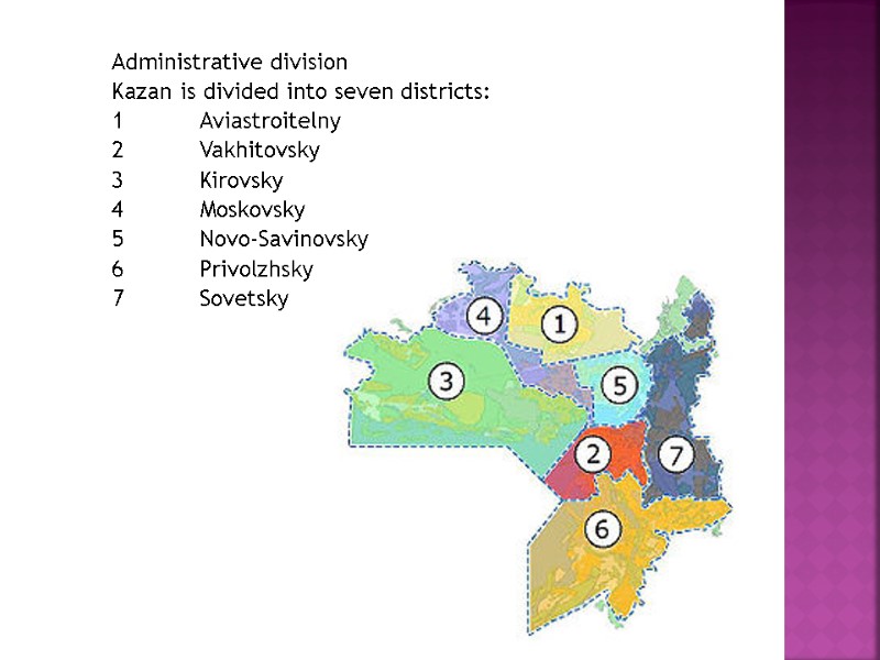 Administrative division Kazan is divided into seven districts: 1 Aviastroitelny 2 Vakhitovsky 3 Kirovsky